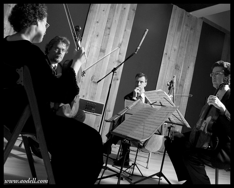 A picture of the Kepler string quartet practicing.